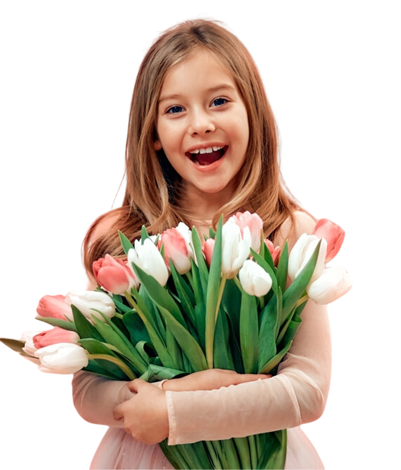 little girl holding flowers