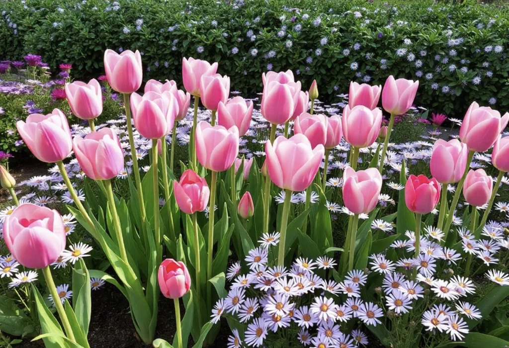 Tulips in pink and aster flowers are a harmonious combination