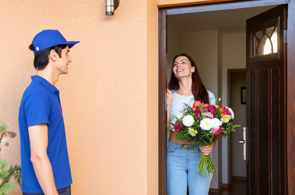Courier handing off a fresh floral arrangement to a smiling recipient at doorstep