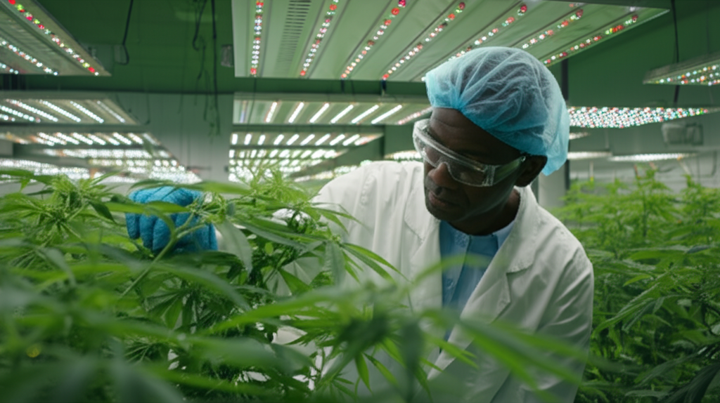 Professional grower monitoring a commercial cannabis crop under powerful LED fixtures