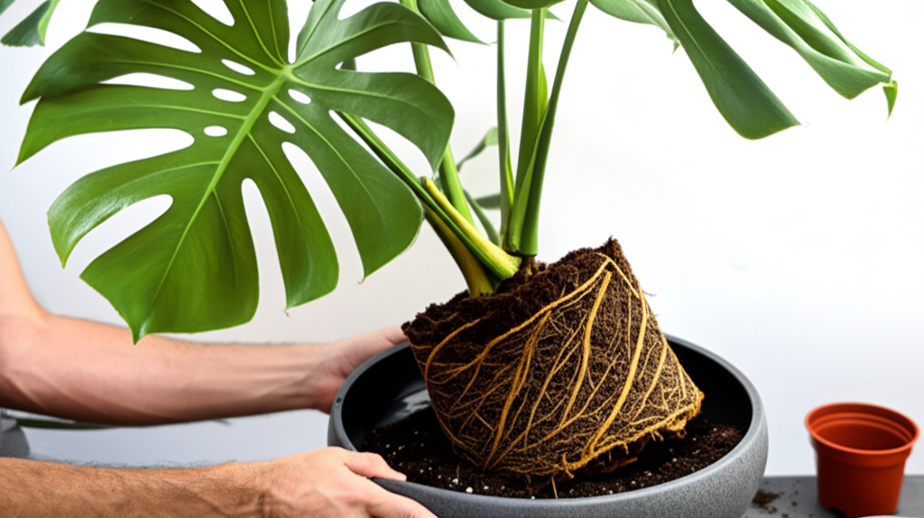 Step-by-step images showing Monstera root ball and repotting into a larger container
