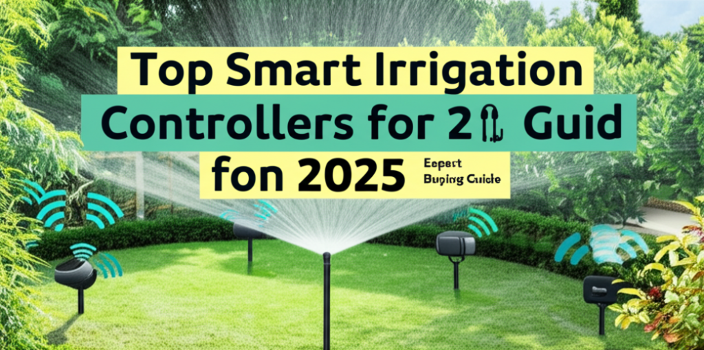 feature image for the blog with the blog title included. Title: Top Smart Irrigation Controllers for 2025: Expert Reviews & Buying Guide. Ensure the text is accurate and error-free