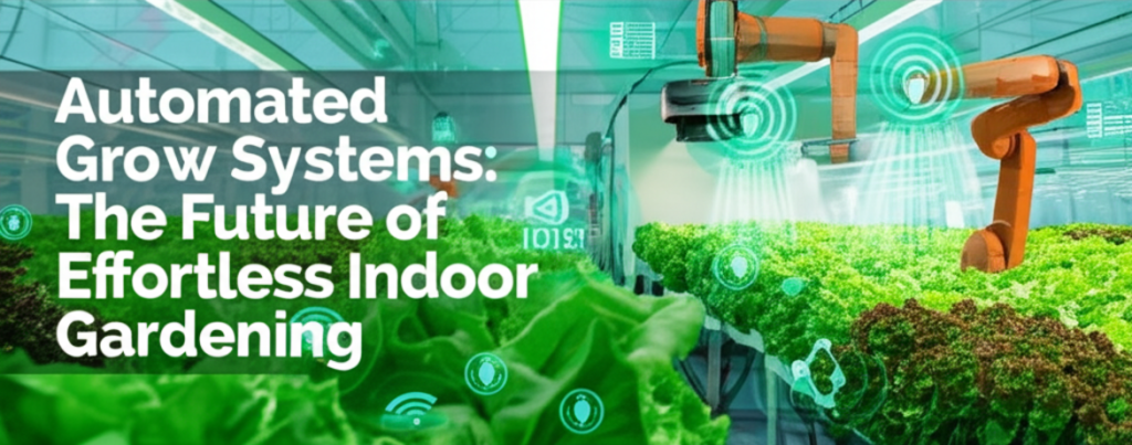 feature image for the blog with the blog title included. Title: Automated Grow Systems: The Future of Effortless Indoor Gardening. Ensure the text is accurate and error-free